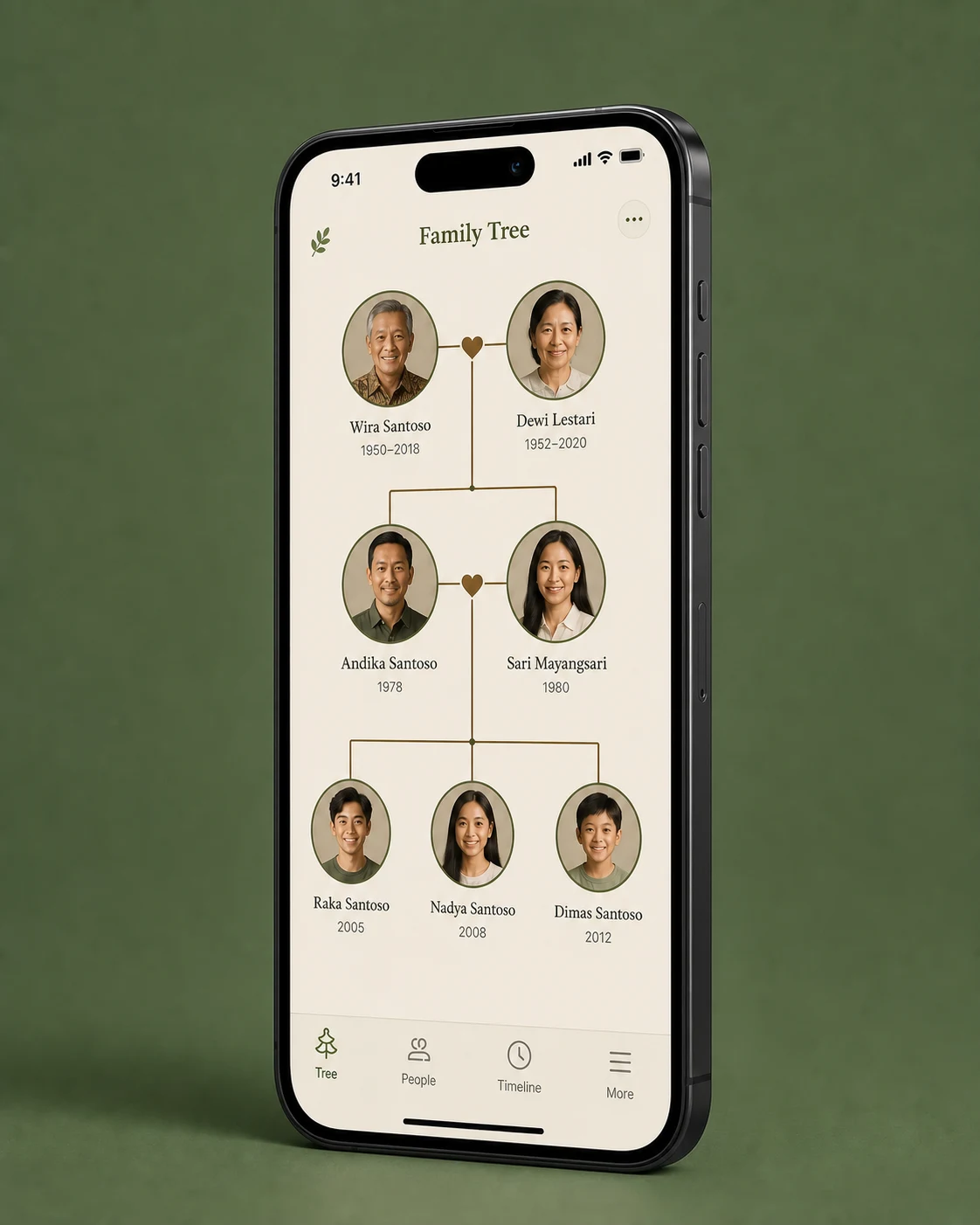 HERITG family tree displayed on an iPhone angled toward the page content